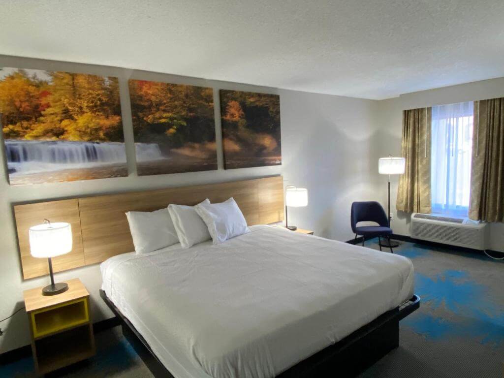 Large king-sized bed with beautiful wall art behind it in a guest room at Days Inn by Wyndham