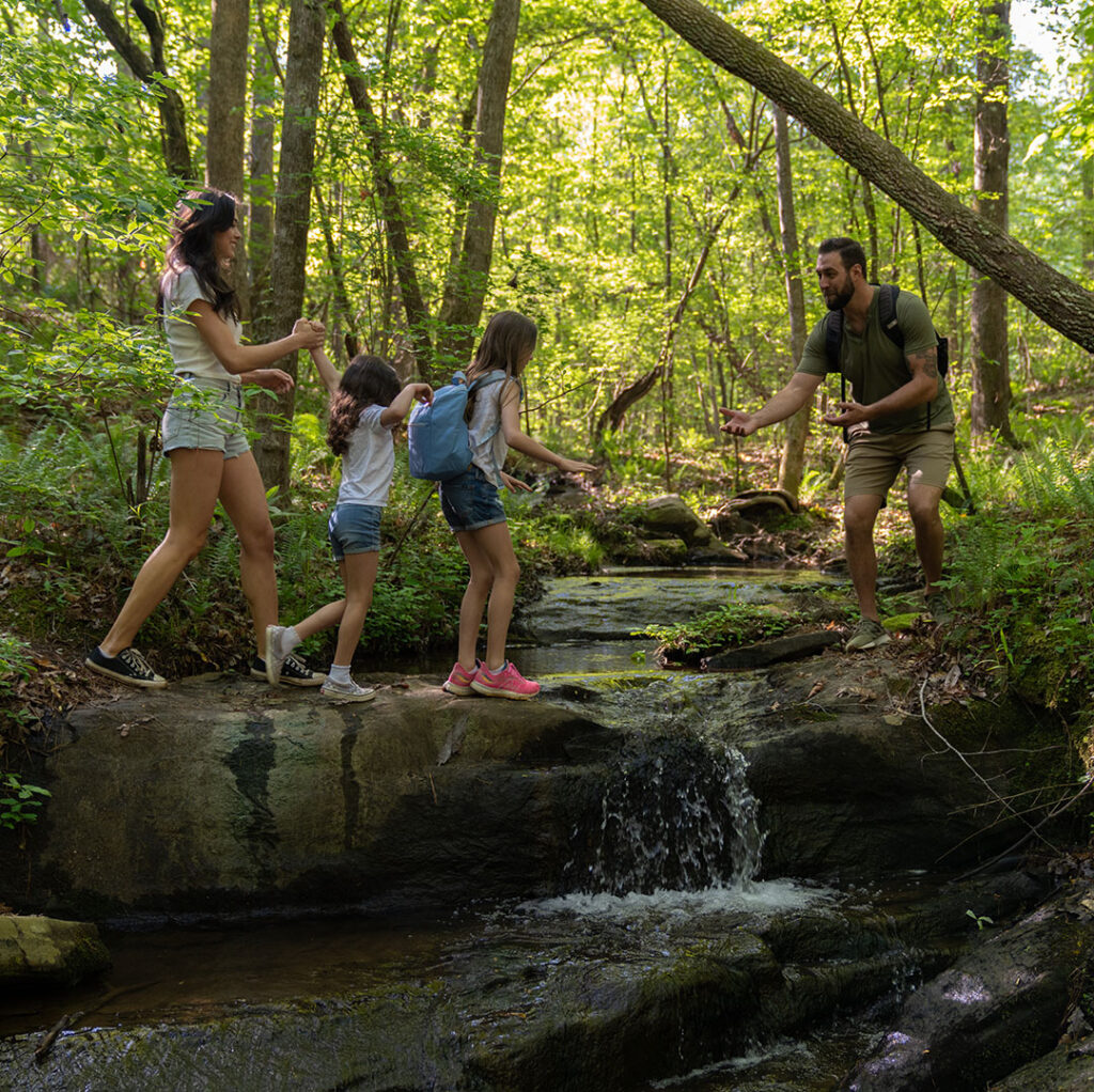 family crossing creek in woods