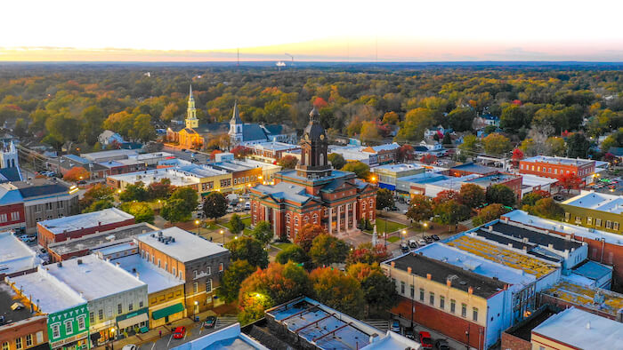Aerial view of a town square